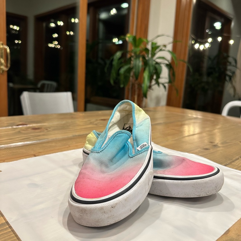 Vans Women's Rainbow Slip-On Canvas Shoes - Pink and Blue